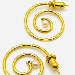 GURHAN 22k Earrings;  Hammered Gold Coils with Pearl Drop